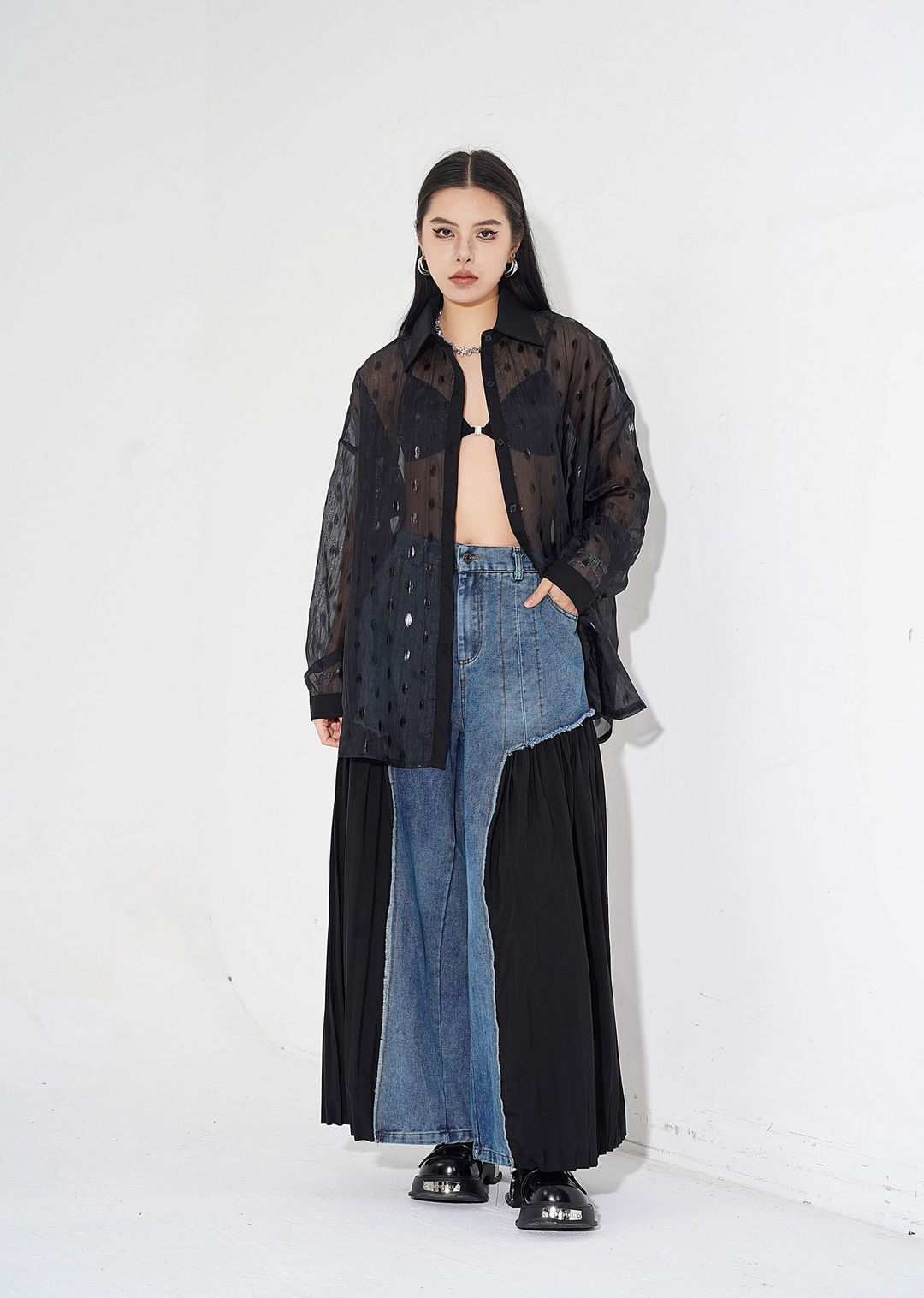 [¥0] Pleated niche design patchwork washable denim