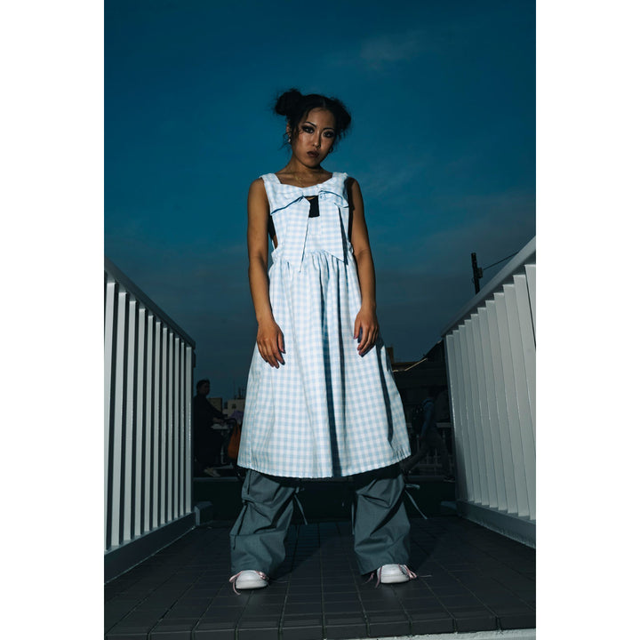 Front ribbon sleeveless onepiece (Gingham Light Blue)  ¥8,980 / ¥9,480
