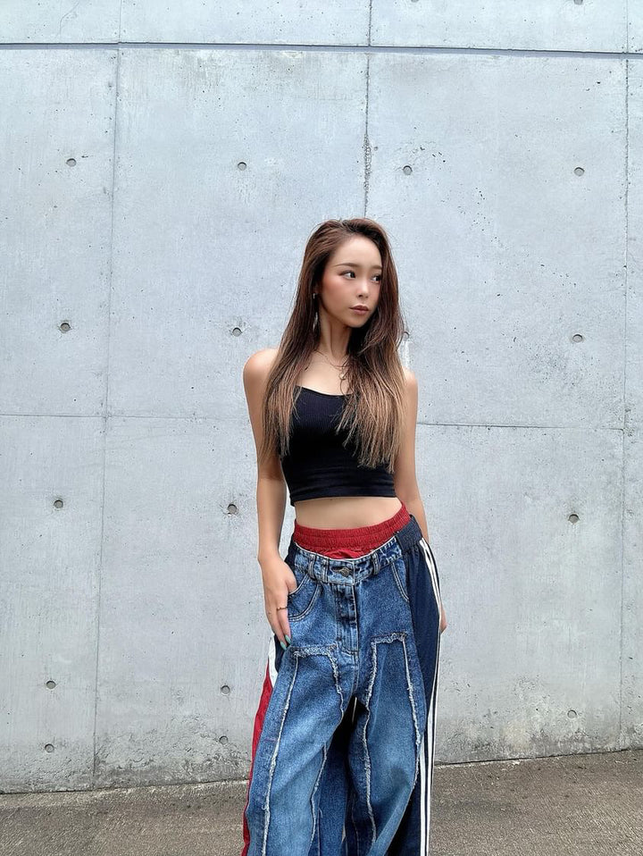 [yuuki.melo117] Color contrast stitching cuffed high waist jeans