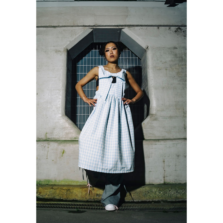 Front ribbon sleeveless onepiece (Gingham Light Blue)  ¥8,980 / ¥9,480
