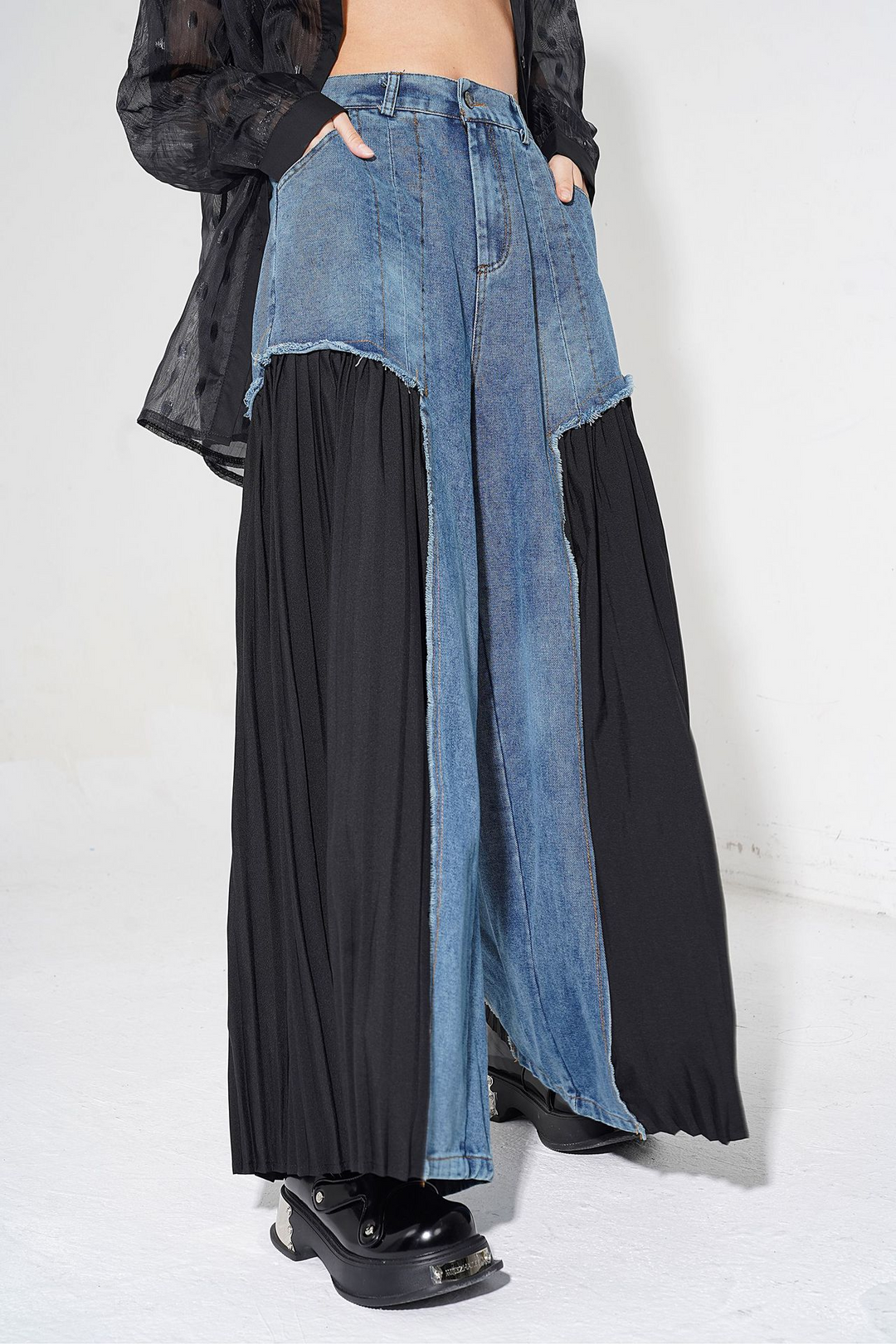 [¥0] Pleated niche design patchwork washable denim