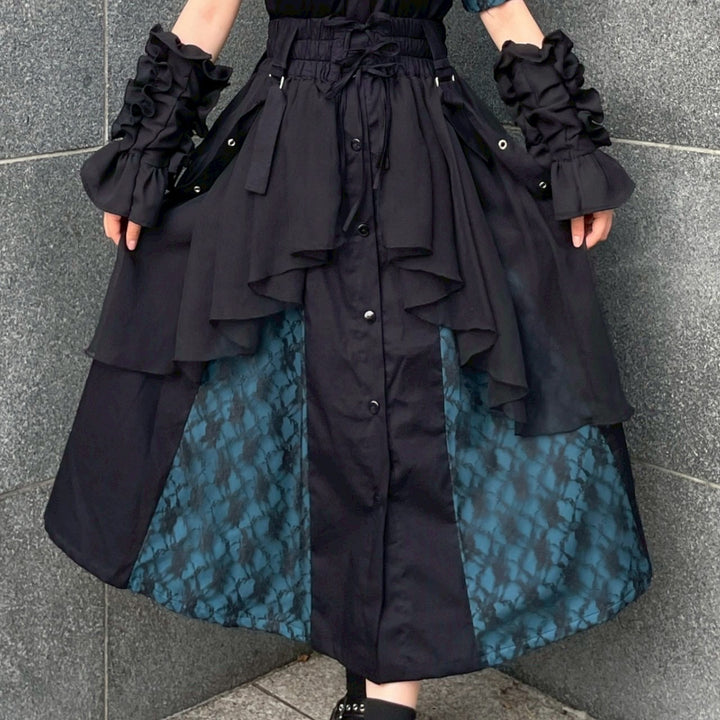 [miho12gram] ミ ホ - ボックスプリーツレースワンピース ＆ アームカバー - Black