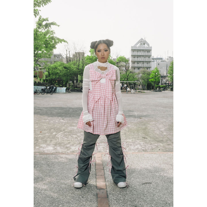 Front ribbon sleeveless onepiece (Gingham Pink)  ¥8,980 / ¥9,480