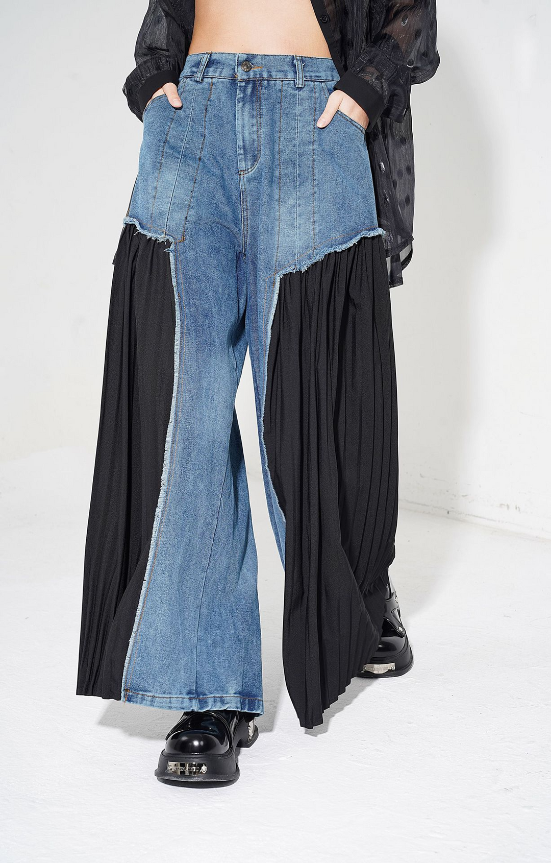 [¥0] Pleated niche design patchwork washable denim