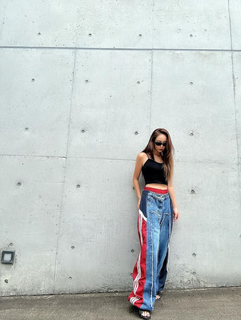 [yuuki.melo117] Color contrast stitching cuffed high waist jeans