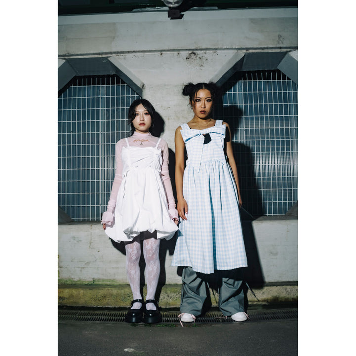 Front ribbon sleeveless onepiece (Gingham Light Blue)  ¥8,980 / ¥9,480