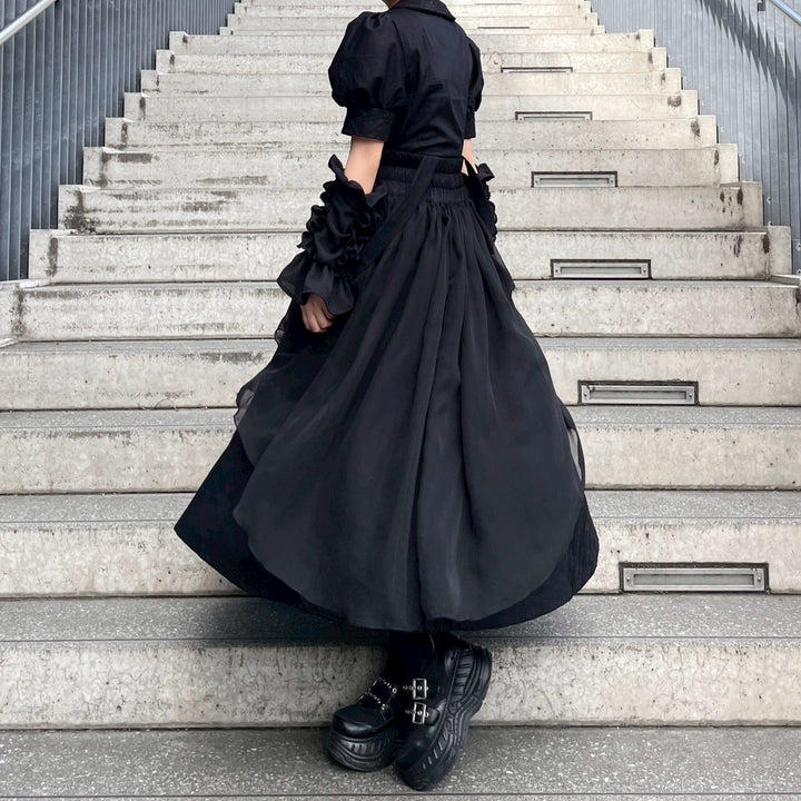 [miho12gram] ミ ホ - ボックスプリーツレースワンピース ＆ アームカバー - Black