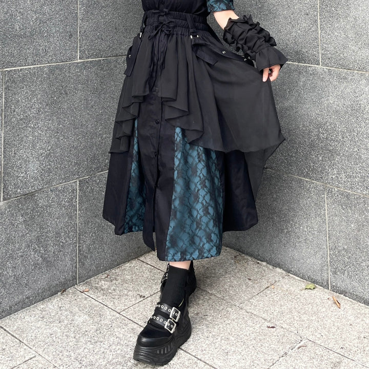 [miho12gram] ミ ホ - ボックスプリーツレースワンピース ＆ アームカバー - Black