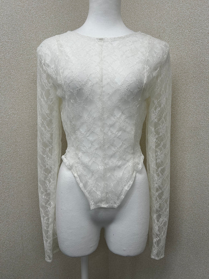 【Oseree】 Drapedレースボディスーツ ニット セーター ストレッチメッシュ×レース切り替えボディ