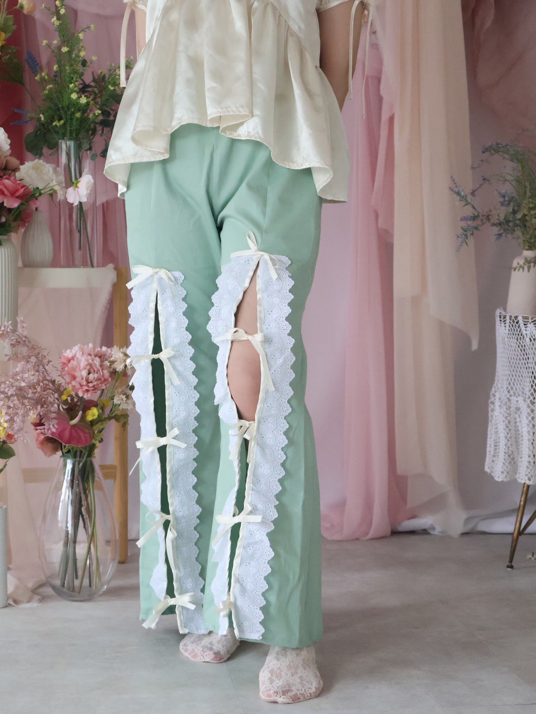 [natyu_moon] × byheenieheenieコラボアイテム - lace ribbon slit pants
