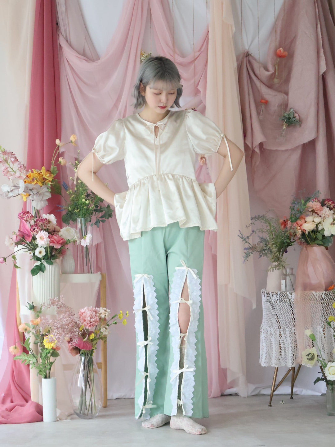 [natyu_moon] × byheenieheenieコラボアイテム - lace ribbon slit pants