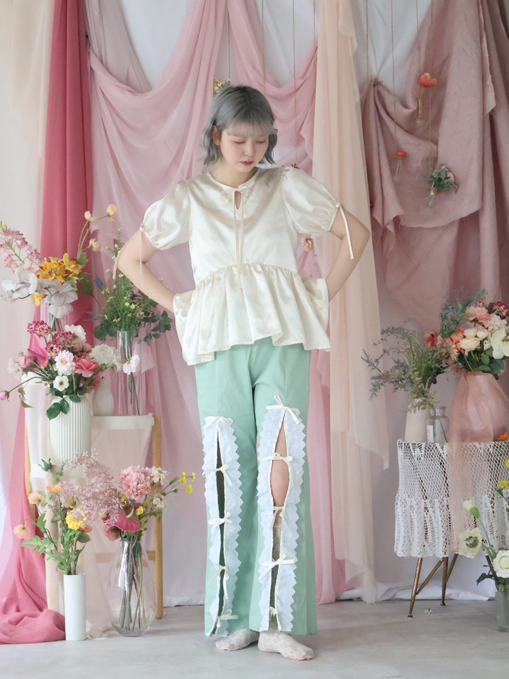 [natyu_moon] × byheenieheenieコラボアイテム - lace ribbon slit pants