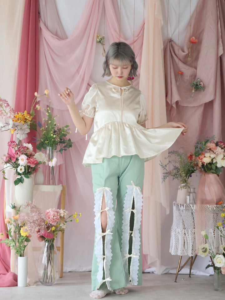 [natyu_moon] × byheenieheenieコラボアイテム - lace ribbon slit pants