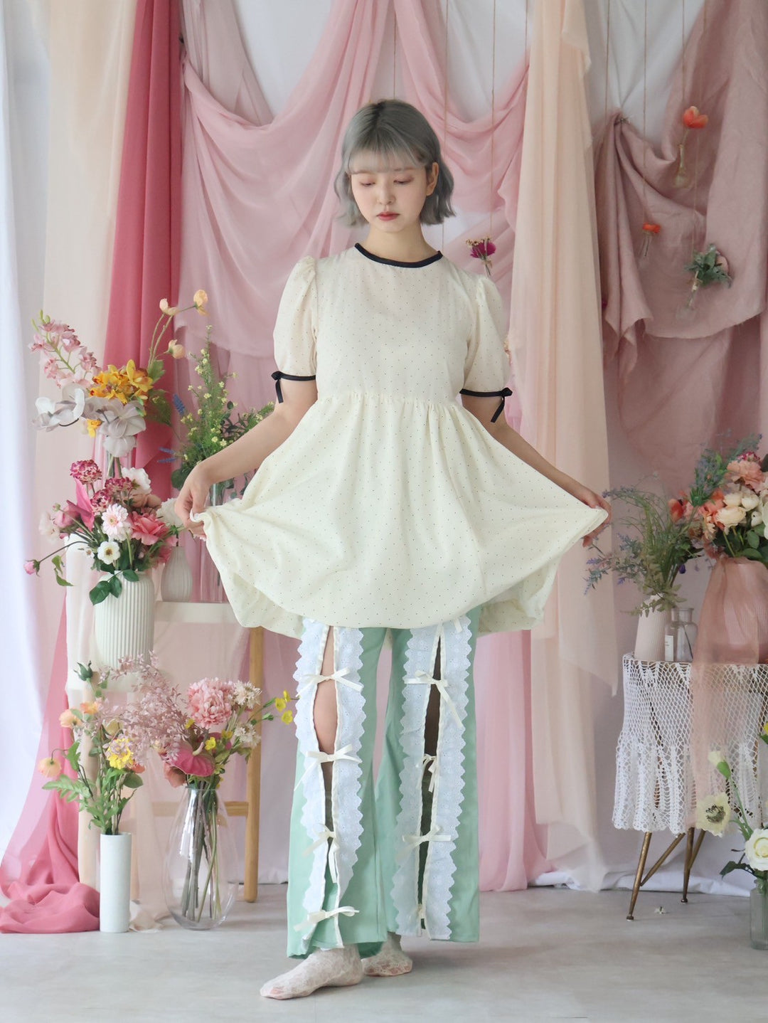 [natyu_moon] × byheenieheenieコラボアイテム - lace ribbon slit pants