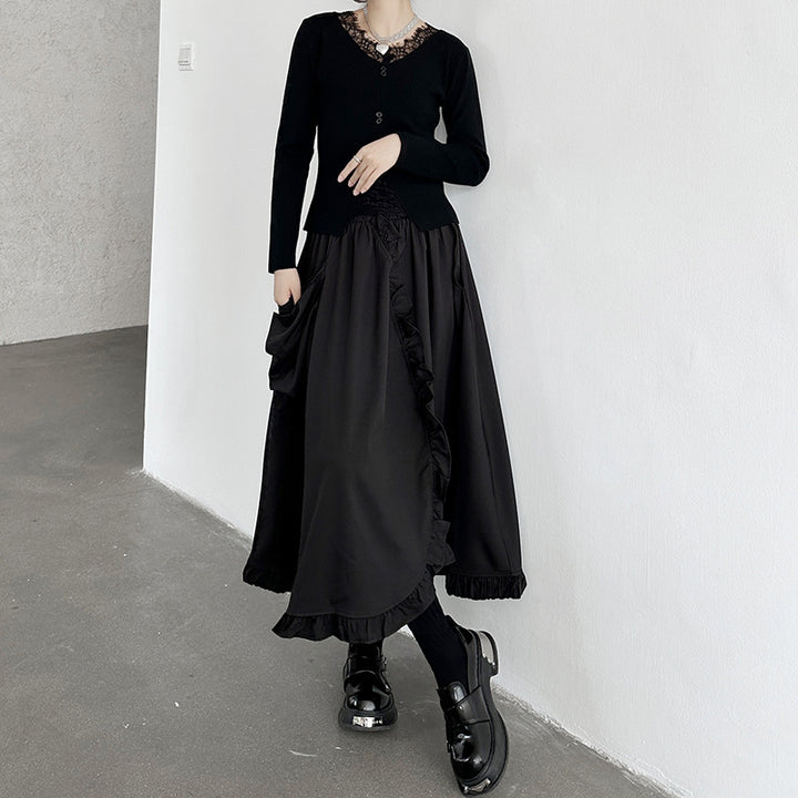 Large pocket asymmetric frill high waist skirt