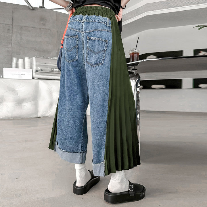 Patchwork pleated casual jeans