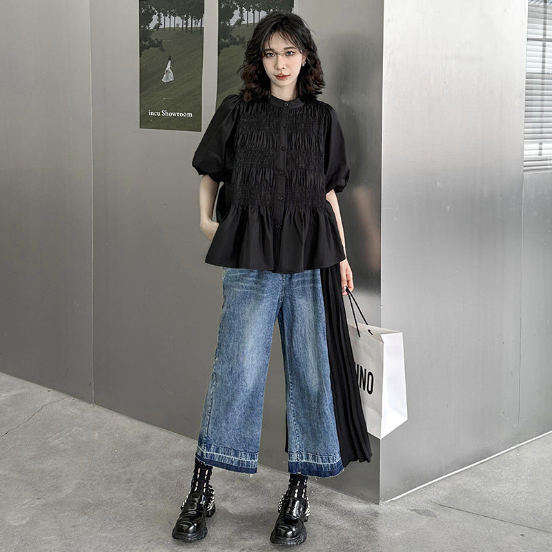 Contrast color patchwork pleated jeans