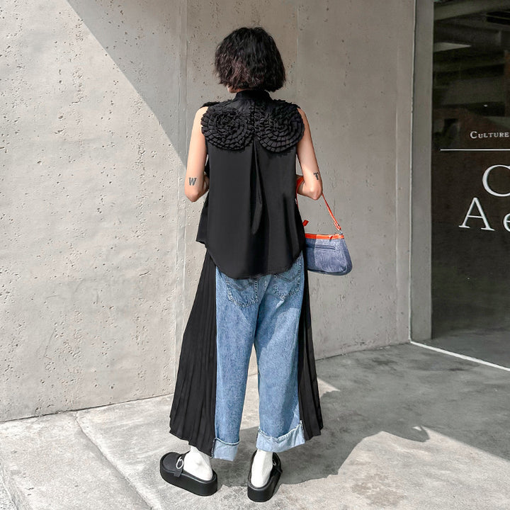 Patchwork pleated casual jeans