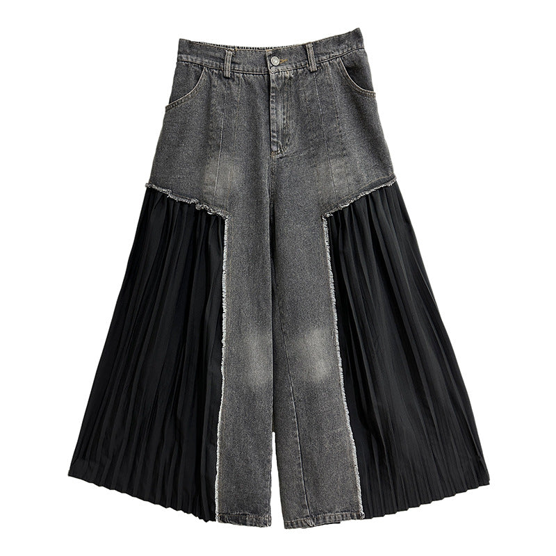 [¥0] Pleated niche design patchwork washable denim