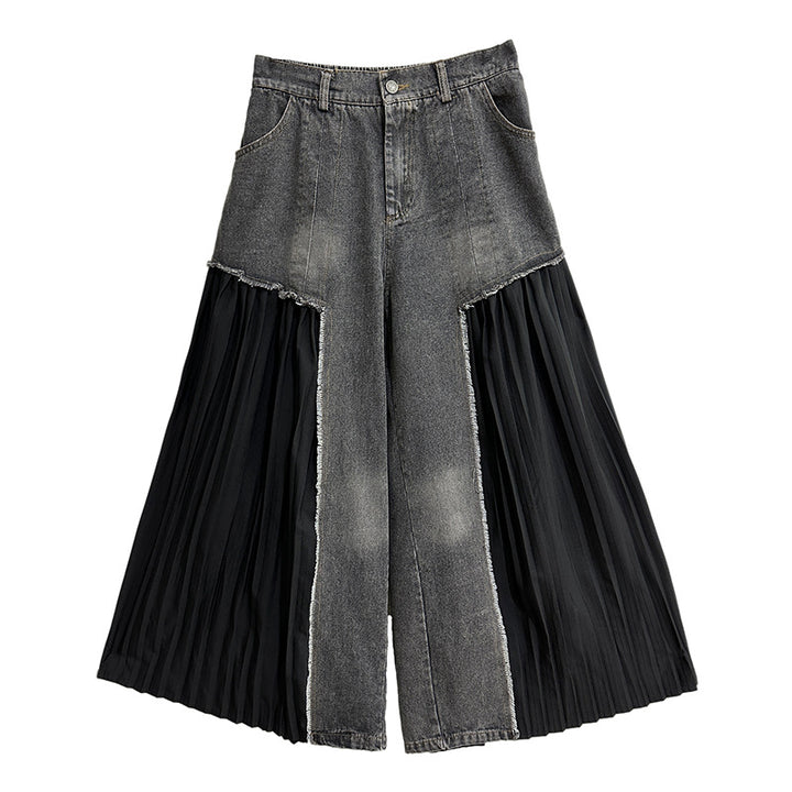 [¥0] Pleated niche design patchwork washable denim