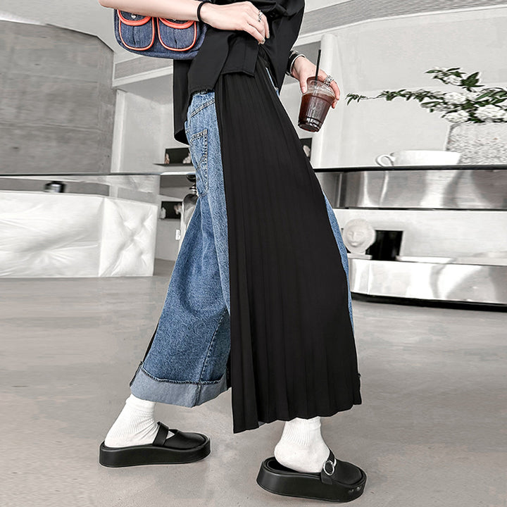 Patchwork pleated casual jeans