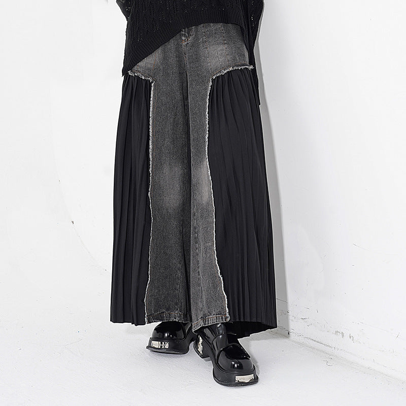 [¥0] Pleated niche design patchwork washable denim