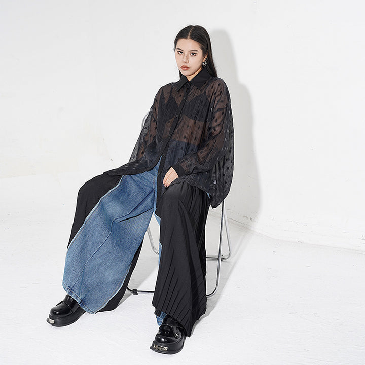 [¥0] Pleated niche design patchwork washable denim