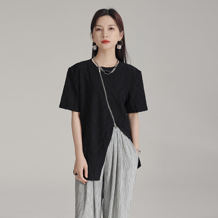 Zipper Short Sleeve Loose Top
