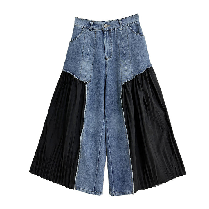 [¥0] Pleated niche design patchwork washable denim