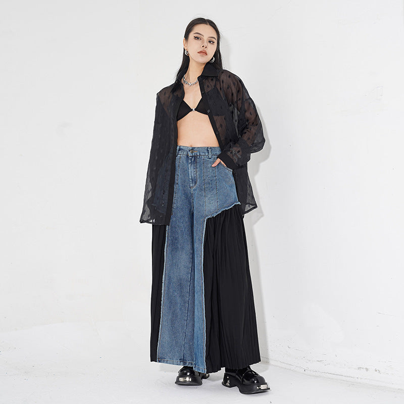[¥0] Pleated niche design patchwork washable denim